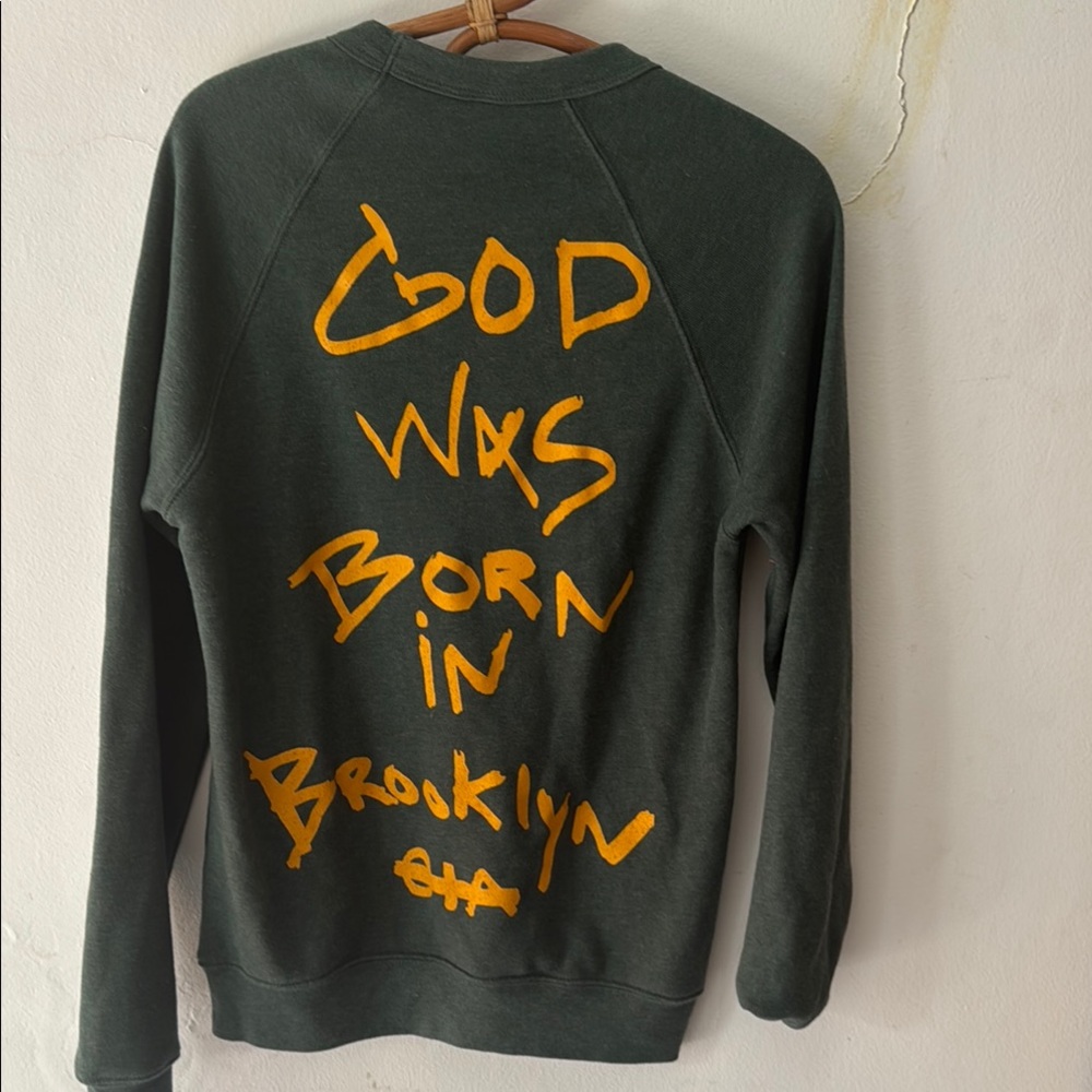 Only in America /Green Crewneck Sweater with Orange Accents